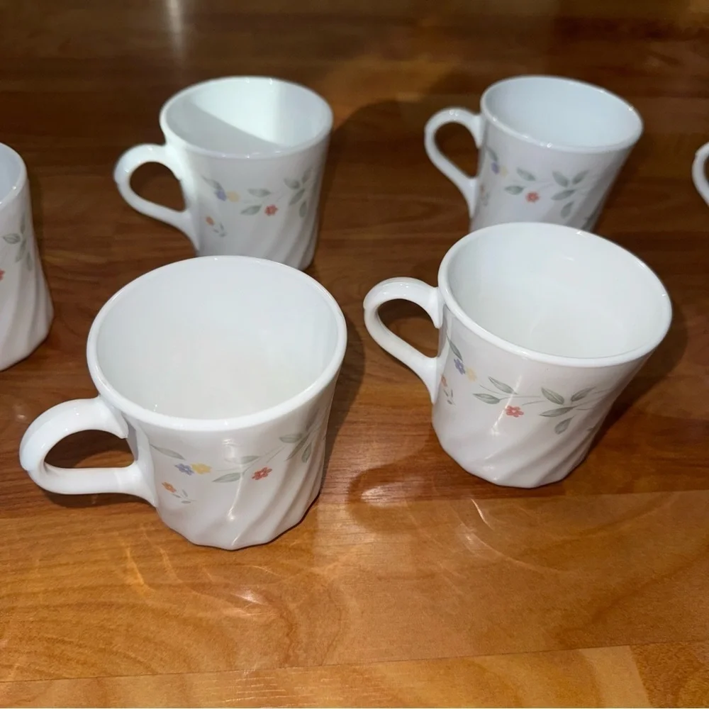 Vtg Corelle Corning English Meadow Set Of 8 Floral Swirl Coffee Mugs/Cups USA